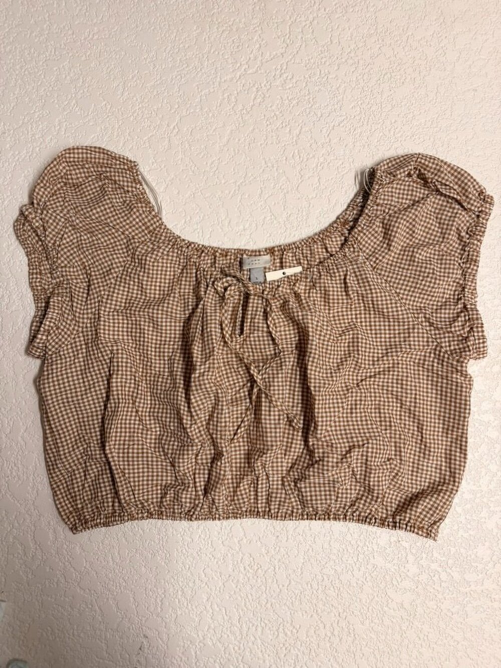 A New Day Brown Gingham Puff Sleeve Crop Top Size L NWT